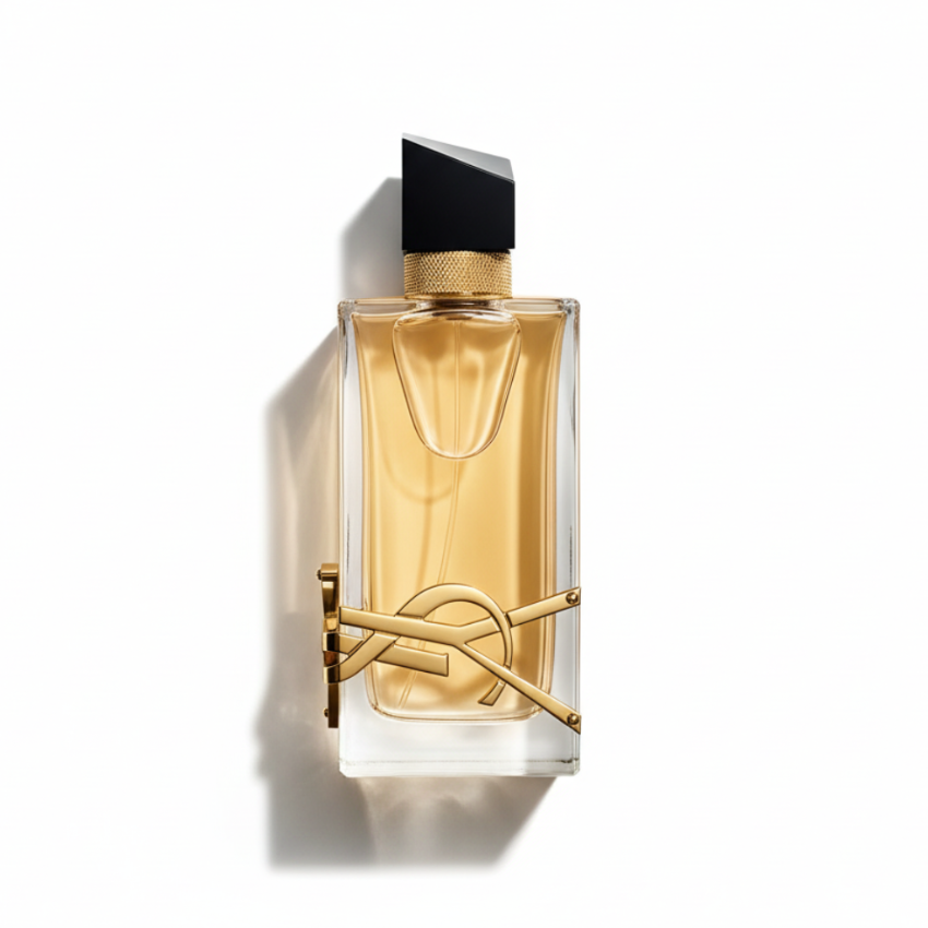 YSL Libre Eau de Parfum held by elegant woman's hand with manicured nails and gold rings on white background