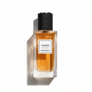 YSL Tuxedo Eau de Parfum 125ml bottle - luxury unisex fragrance with amber liquid and textured black cap, professional top-down view