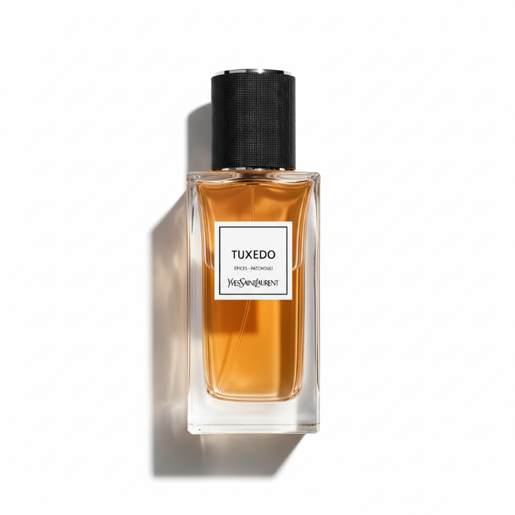 YSL Tuxedo Eau de Parfum 125ml bottle - luxury unisex fragrance with amber liquid and textured black cap, professional top-down view